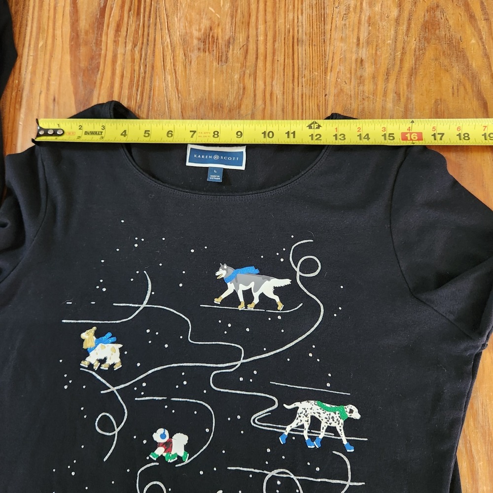 Ice Skating Dogs Cotton T-Shirt Large Black Glitter Whimsigoth Holiday Novelty - Picture 6 of 10